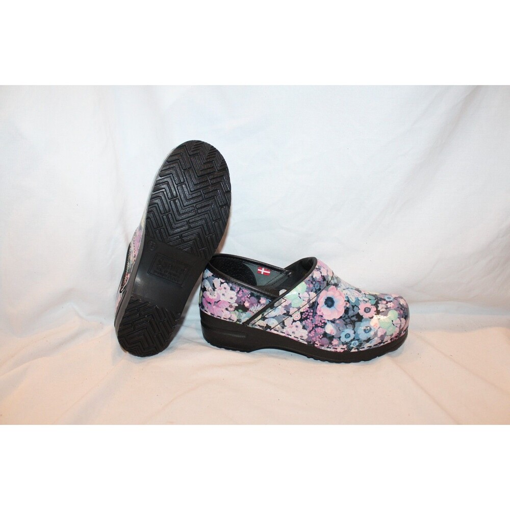 SANITA PATENT LEATHER SLIP ON FLORAL CLOGS PINK BLUE PURPLE BLACK SZ EU 38 - Picture 6 of 8